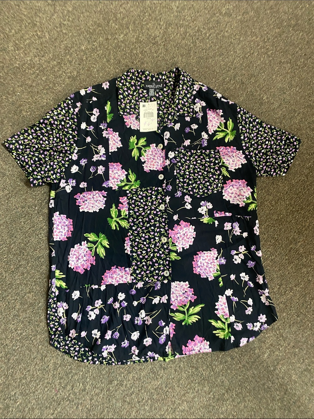Carole Little Black Button-Down Shirt with Pink Floral Patchwork